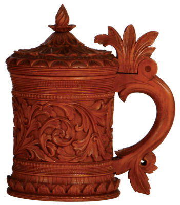 Wood tankard, 8.5" ht., mid 1800s, Norwegian, detailed carving, matching wood lid, excellent quality and condition.