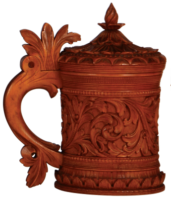 Wood tankard, 8.5" ht., mid 1800s, Norwegian, detailed carving, matching wood lid, excellent quality and condition. - 3