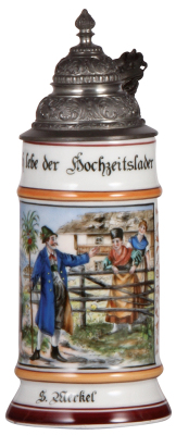 Porcelain stein, .5L, transfer & hand-painted, Occupational Hochzeitslader [Wedding Planner], pewter lid, very rare, mint. From the Etheridge Collection & pictured in the Occupational Stein Book.  