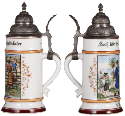 Porcelain stein, .5L, transfer & hand-painted, Occupational Hochzeitslader [Wedding Planner], pewter lid, very rare, mint. From the Etheridge Collection & pictured in the Occupational Stein Book.   - 2