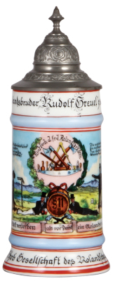 Porcelain stein, .5L, transfer & hand-painted, Occupational Rolandsbrüder [Wandering Handworker], 31.7.1935, Wismar, name & roster, pewter lid, mint. From the Etheridge Collection.  