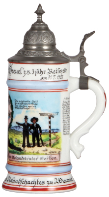 Porcelain stein, .5L, transfer & hand-painted, Occupational Rolandsbrüder [Wandering Handworker], 31.7.1935, Wismar, name & roster, pewter lid, mint. From the Etheridge Collection.   - 2