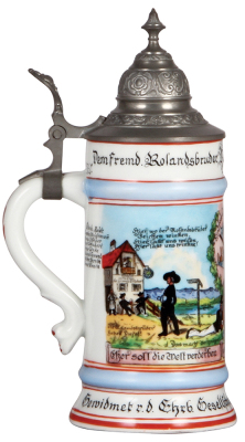 Porcelain stein, .5L, transfer & hand-painted, Occupational Rolandsbrüder [Wandering Handworker], 31.7.1935, Wismar, name & roster, pewter lid, mint. From the Etheridge Collection.   - 3