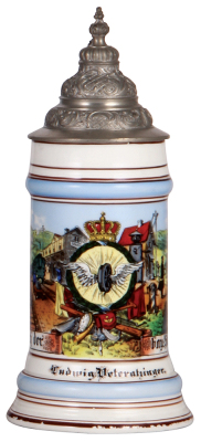 Porcelain stein, .5L, transfer & hand-painted, Occupational Staatsbahn [State Railway Worker], pewter lid, rare, wear to red base band, otherwise mint. From the Etheridge Collection.  