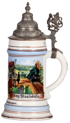 Porcelain stein, .5L, transfer & hand-painted, Occupational Staatsbahn [State Railway Worker], pewter lid, rare, wear to red base band, otherwise mint. From the Etheridge Collection.   - 2