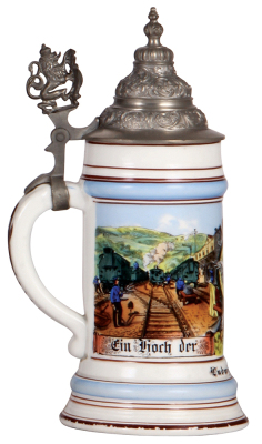 Porcelain stein, .5L, transfer & hand-painted, Occupational Staatsbahn [State Railway Worker], pewter lid, rare, wear to red base band, otherwise mint. From the Etheridge Collection.   - 3