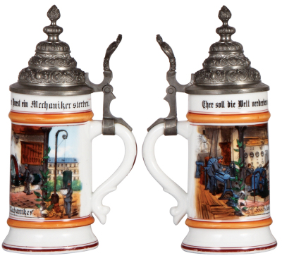 Porcelain stein, .5L, transfer & hand-painted, Occupational Mechaniker [Mechanic], pewter lid, rare, mint. From the Etheridge Collection.   - 2