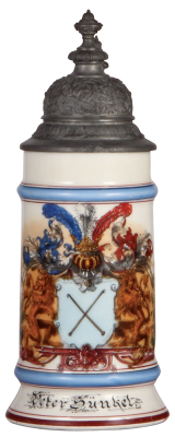 Porcelain stein, .5L, transfer & hand-painted, Occupational Stricker [Knitter], Red Cross in side scene, pewter lid, rare, scratches on top band re-glazed. From the Etheridge Collection & pictured in the Occupational Stein Book.   