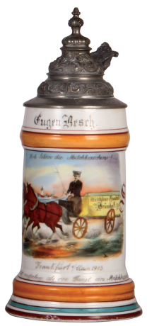 Porcelain stein, .5L, transfer & hand-painted, Occupational Milchbursch [Milkman], Milchkur Anstalt Grünhof, Frankfurt a.M. 1903, pewter lid, pewter strap repaired, words faded. From the Etheridge Collection & pictured in the Occupational Stein Book. 