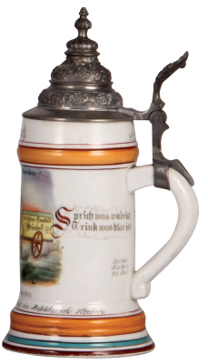 Porcelain stein, .5L, transfer & hand-painted, Occupational Milchbursch [Milkman], Milchkur Anstalt Grünhof, Frankfurt a.M. 1903, pewter lid, pewter strap repaired, words faded. From the Etheridge Collection & pictured in the Occupational Stein Book.  - 2