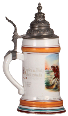 Porcelain stein, .5L, transfer & hand-painted, Occupational Milchbursch [Milkman], Milchkur Anstalt Grünhof, Frankfurt a.M. 1903, pewter lid, pewter strap repaired, words faded. From the Etheridge Collection & pictured in the Occupational Stein Book.  - 3