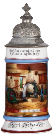 Porcelain stein, .5L, transfer & hand-painted, Occupational Elektriker [Electrician], pewter lid, rare, mint. From the Etheridge Collection.  