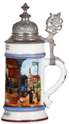 Porcelain stein, .5L, transfer & hand-painted, Occupational Elektriker [Electrician], pewter lid, rare, mint. From the Etheridge Collection.   - 2