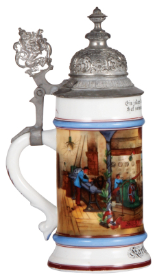 Porcelain stein, .5L, transfer & hand-painted, Occupational Elektriker [Electrician], pewter lid, rare, mint. From the Etheridge Collection.   - 3