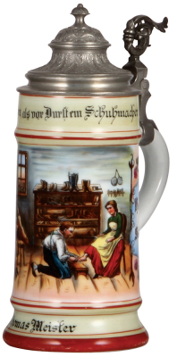 Porcelain stein, .5L, transfer & hand-painted, Occupational Schuster [Shoemaker], pewter lid, pewter strap repaired, body mint. From the Etheridge Collection & pictured in the Occupational Stein Book. 