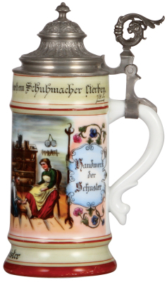 Porcelain stein, .5L, transfer & hand-painted, Occupational Schuster [Shoemaker], pewter lid, pewter strap repaired, body mint. From the Etheridge Collection & pictured in the Occupational Stein Book.  - 2
