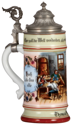Porcelain stein, .5L, transfer & hand-painted, Occupational Schuster [Shoemaker], pewter lid, pewter strap repaired, body mint. From the Etheridge Collection & pictured in the Occupational Stein Book.  - 3