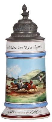 Porcelain stein, .5L, transfer & hand-painted, Occupational Rennsport [Jockey], pewter lid, rare, lithophane lines, otherwise mint. From the Etheridge Collection & pictured in the Occupational Stein Book. 