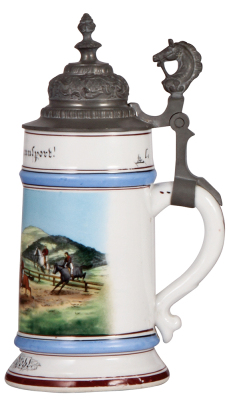 Porcelain stein, .5L, transfer & hand-painted, Occupational Rennsport [Jockey], pewter lid, rare, lithophane lines, otherwise mint. From the Etheridge Collection & pictured in the Occupational Stein Book.  - 2