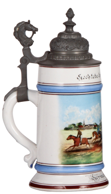 Porcelain stein, .5L, transfer & hand-painted, Occupational Rennsport [Jockey], pewter lid, rare, lithophane lines, otherwise mint. From the Etheridge Collection & pictured in the Occupational Stein Book.  - 3