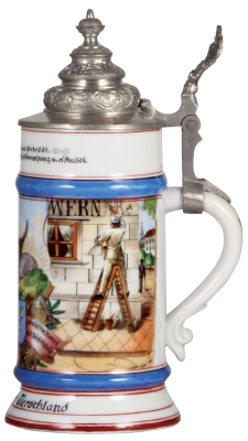 Porcelain stein, .5L, transfer & hand-painted, Occupational Schiler und Wandmaler [Decorative Wall & Sign Painter] pewter lid, very rare, lithophane lines, otherwise mint. From the Etheridge Collection.  - 2