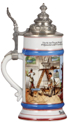 Porcelain stein, .5L, transfer & hand-painted, Occupational Schiler und Wandmaler [Decorative Wall & Sign Painter] pewter lid, very rare, lithophane lines, otherwise mint. From the Etheridge Collection.  - 3