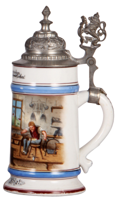 Porcelain stein, .5L, transfer & hand-painted, Occupational Schuhmacher [Shoemaker], pewter lid, small wear spot on blue & base. From the Etheridge Collection.   - 2