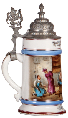 Porcelain stein, .5L, transfer & hand-painted, Occupational Schuhmacher [Shoemaker], pewter lid, small wear spot on blue & base. From the Etheridge Collection.   - 3