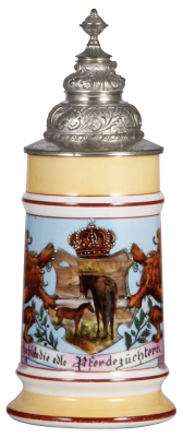 Porcelain stein, .5L, transfer & hand-painted, Occupational Pferdezüchterei [Horse Breeder], pewter lid, very rare, mint. From the Etheridge Collection.  