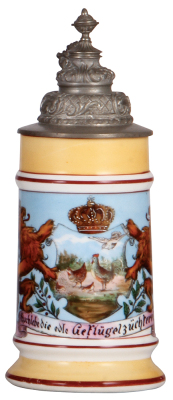 Porcelain stein, .5L, transfer & hand-painted, Occupational Geflügelzüchterei [Poultry Breeder], pewter lid, rare, mint. From the Etheridge Collection.  