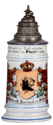 Porcelain stein, .5L, transfer & hand-painted, Occupational Schuster [Shoemaker], pewter lid, pewter strap repaired, faint lithophane lines. From the Etheridge Collection. 