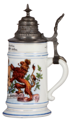 Porcelain stein, .5L, transfer & hand-painted, Occupational Schuster [Shoemaker], pewter lid, pewter strap repaired, faint lithophane lines. From the Etheridge Collection.  - 2