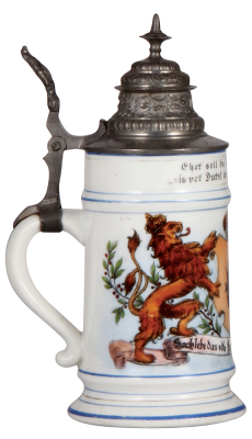 Porcelain stein, .5L, transfer & hand-painted, Occupational Schuster [Shoemaker], pewter lid, pewter strap repaired, faint lithophane lines. From the Etheridge Collection.  - 3