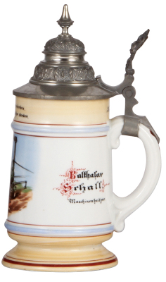 Porcelain stein, .5L, transfer & hand-painted, Occupational Maschinenheizer [Machine Furnace Operator], pewter lid, very rare, mint. From the Etheridge Collection.  - 2