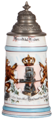 Porcelain stein, .5L, transfer & hand-painted, Occupational Säger [Saw Operator], pewter lid, rare, tear at rear of lid, still strong, mint. From the Etheridge Collection. 