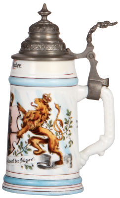 Porcelain stein, .5L, transfer & hand-painted, Occupational Säger [Saw Operator], pewter lid, rare, tear at rear of lid, still strong, mint. From the Etheridge Collection.  - 2