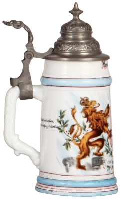 Porcelain stein, .5L, transfer & hand-painted, Occupational Säger [Saw Operator], pewter lid, rare, tear at rear of lid, still strong, mint. From the Etheridge Collection.  - 3