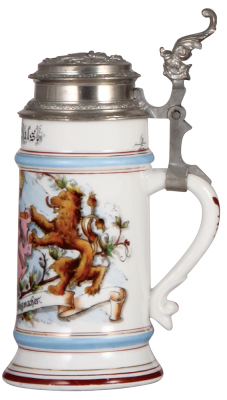 Porcelain stein, .5L, transfer & hand-painted, Occupational Wegmacher [Road Construction], relief pewter lid, very rare, mint. From the Etheridge Collection.  - 2