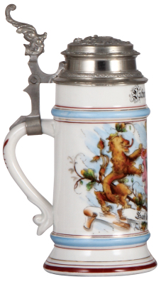 Porcelain stein, .5L, transfer & hand-painted, Occupational Wegmacher [Road Construction], relief pewter lid, very rare, mint. From the Etheridge Collection.  - 3