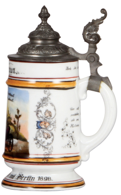 Porcelain stein, .5L, transfer & hand-painted, Occupational Kutscher [Coach Driver], Potsdam und Berlin 1898, pewter lid, pewter strap repaired, body mint. From the Etheridge Collection.  - 2