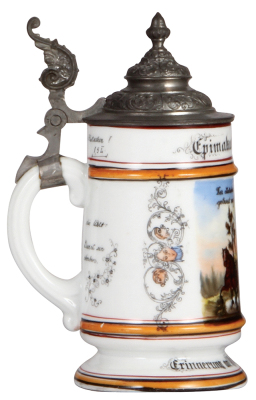 Porcelain stein, .5L, transfer & hand-painted, Occupational Kutscher [Coach Driver], Potsdam und Berlin 1898, pewter lid, pewter strap repaired, body mint. From the Etheridge Collection.  - 3