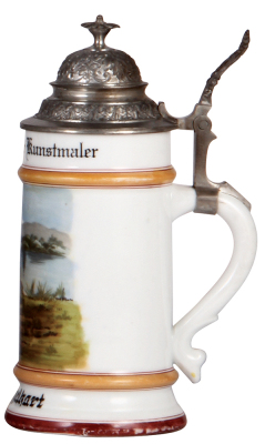 Porcelain stein, .5L, transfer & hand-painted, Occupational Kunstmaler [Artist Painter], pewter lid, very rare, a little wear to lower red band, otherwise mint. From the Etheridge Collection & pictured in the Occupational Stein Book.  - 2