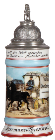 Porcelain stein, .5L, transfer & hand-painted, Occupational Kutscher [Wagon Driver], Vollmilch Domäne Gerolseck, pewter lid, rare, mint. From the Etheridge Collection.  