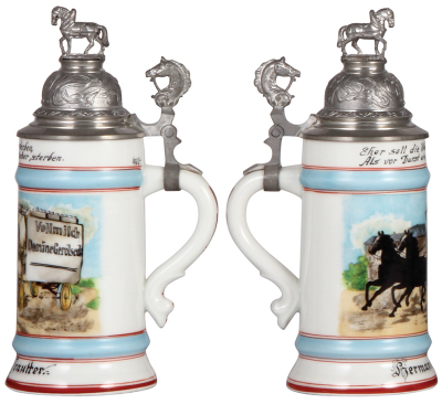 Porcelain stein, .5L, transfer & hand-painted, Occupational Kutscher [Wagon Driver], Vollmilch Domäne Gerolseck, pewter lid, rare, mint. From the Etheridge Collection.   - 2