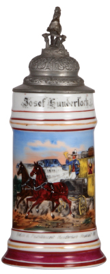 Porcelain stein, .5L, transfer & hand-painted, Occupational Poststillion [Postal Driver], Hundenlach - Neustadt 1911, pewter lid, words faded. From the Etheridge Collection.  