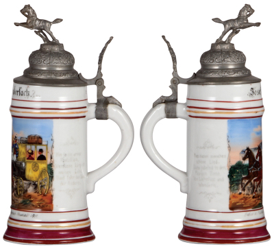 Porcelain stein, .5L, transfer & hand-painted, Occupational Poststillion [Postal Driver], Hundenlach - Neustadt 1911, pewter lid, words faded. From the Etheridge Collection.   - 2