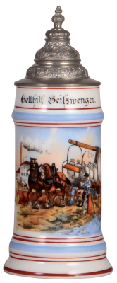Porcelain stein, .5L, transfer & hand-painted, Occupational Sägewerk Wagen Fahrer [Sawmill Wagon Driver], pewter lid, mint. From the Etheridge Collection & pictured in the Occupational Stein Book. 