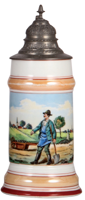 Porcelain stein, .5L, transfer & hand-painted, Occupational Distrikstrassenw, [District Roadworker], inscription on lid, pewter lid, rare, mint. From the Etheridge Collection.  