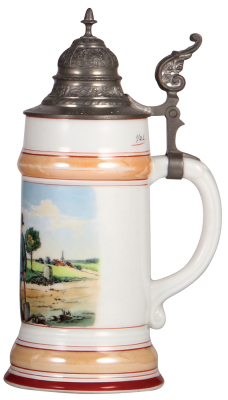 Porcelain stein, .5L, transfer & hand-painted, Occupational Distrikstrassenw, [District Roadworker], inscription on lid, pewter lid, rare, mint. From the Etheridge Collection.   - 2