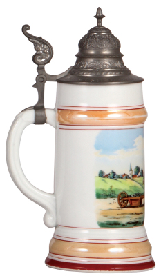 Porcelain stein, .5L, transfer & hand-painted, Occupational Distrikstrassenw, [District Roadworker], inscription on lid, pewter lid, rare, mint. From the Etheridge Collection.   - 3